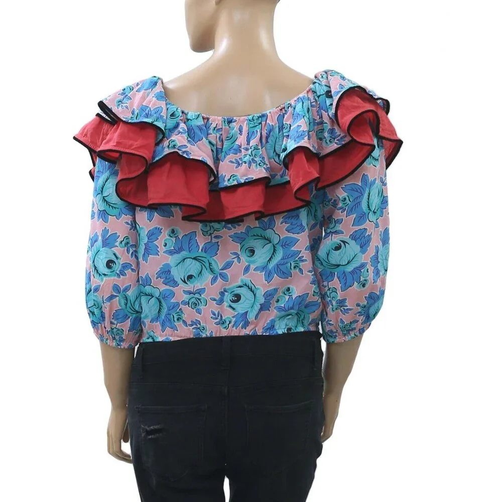 Rhode Resort Voile Floral Printed Bodysuit Top Cotton Tiered Ruffle S New 273444 - Picture 3 of 4